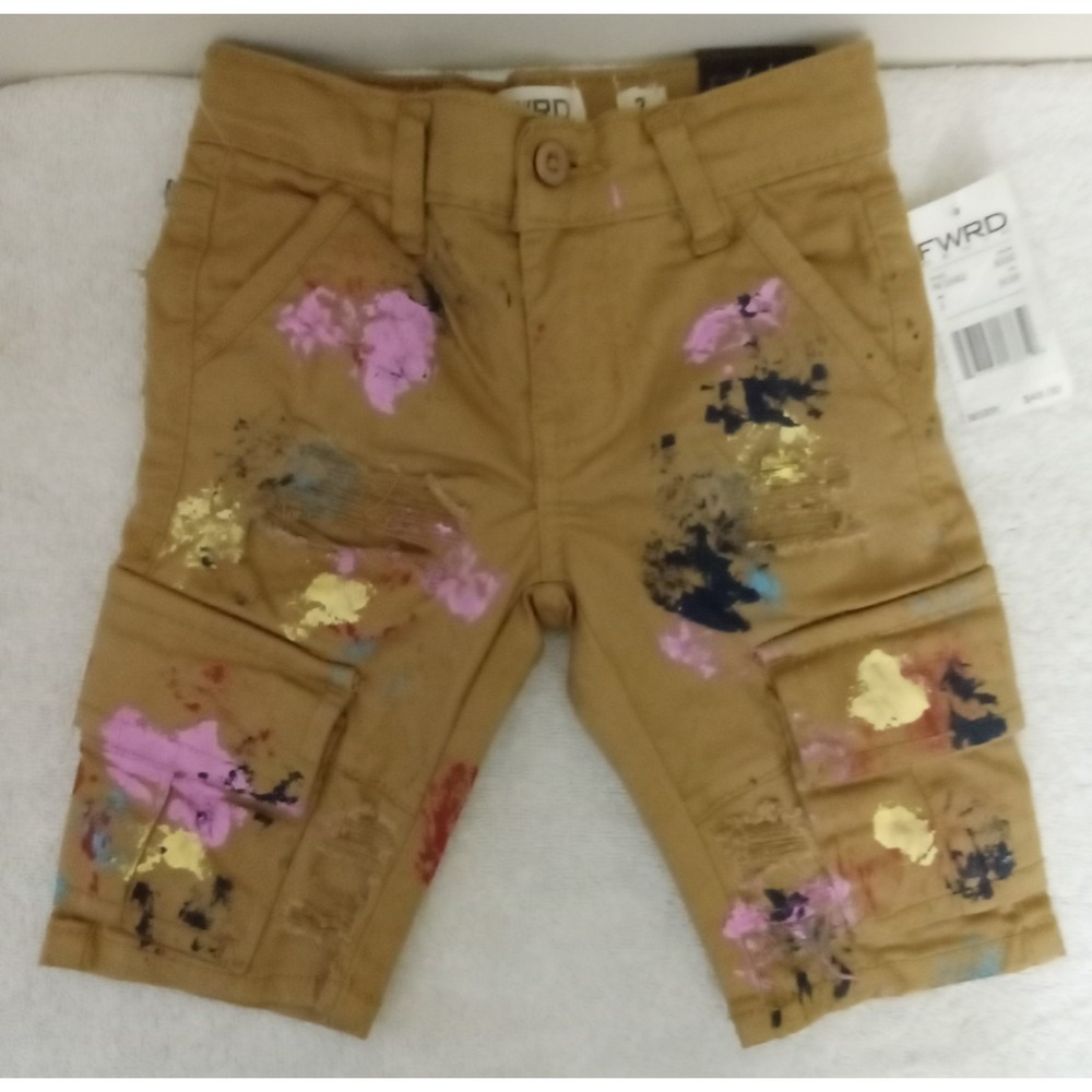 FWRD Denim Boys Khaki Paint Splatter Distressed Cargo Jean Shorts – Slim Fit Kid